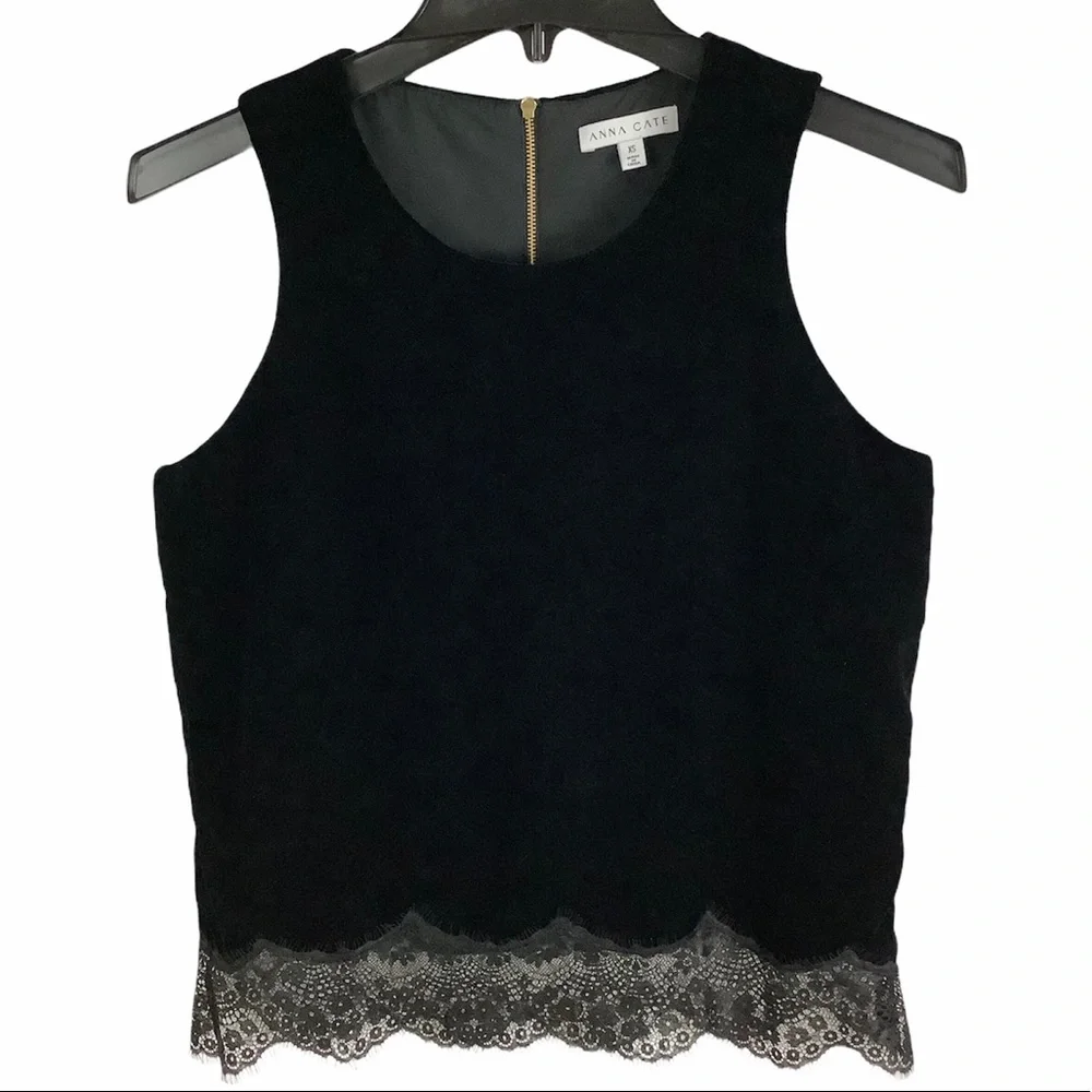 ANNA CATE Black Crushed Velvet Lace Hem Tank SZ-XS